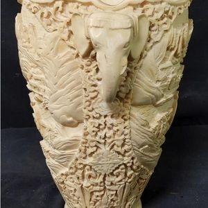 Vintage Asian Vase Carved Resin Scenic Elephant Handles Wood Base 10.5” Tall
